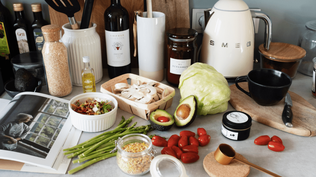 various food items are arranged on a countertop