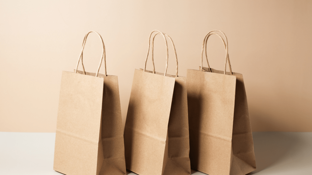 three brown paper bags with handles on a white background