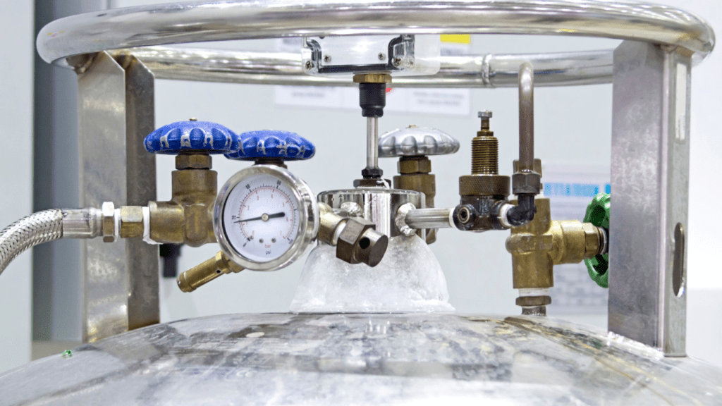 a large stainless steel tank with pressure gauges on it