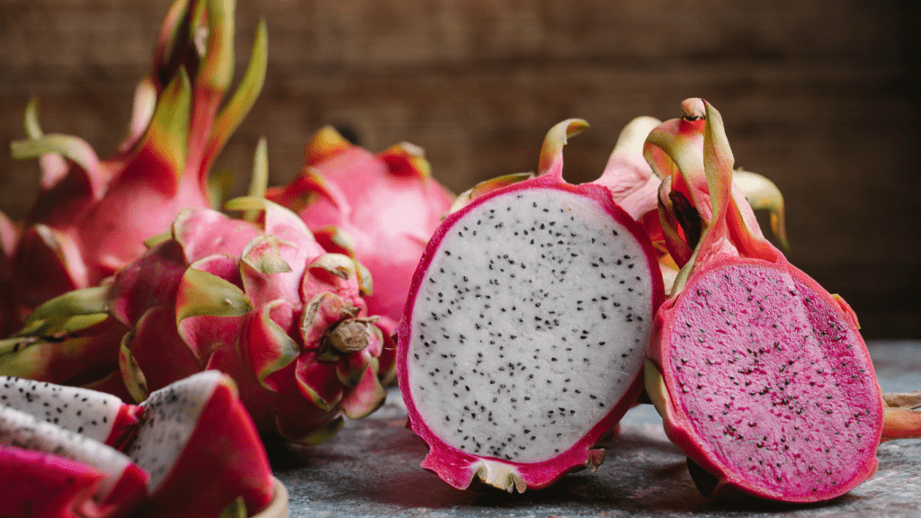 pink dragon fruit on a wooden table