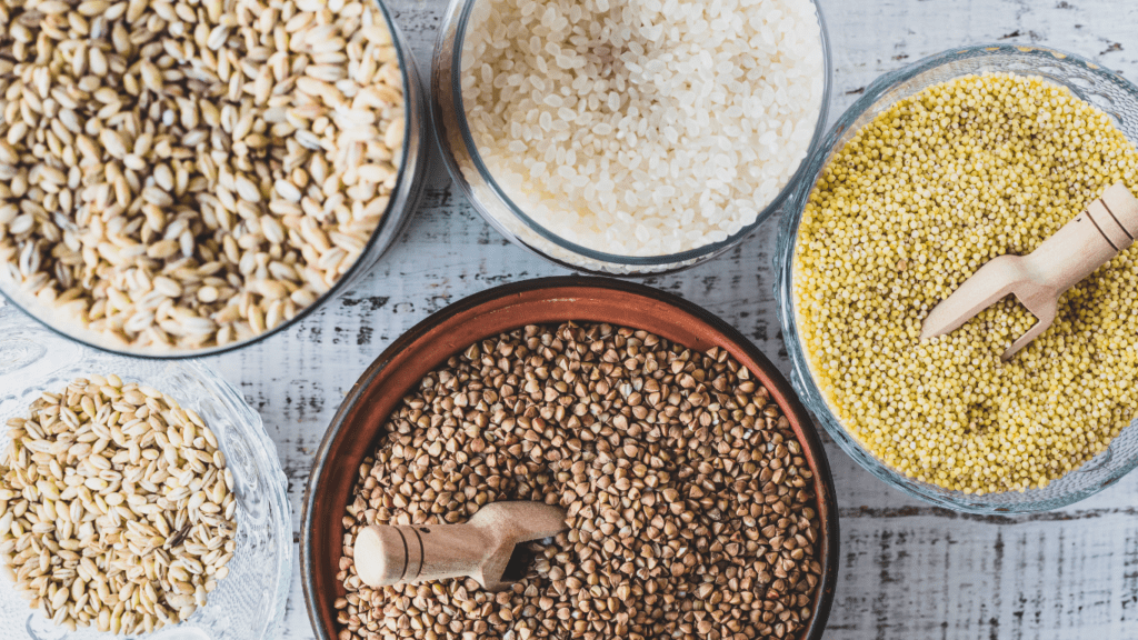 various types of grains and seeds in bowls