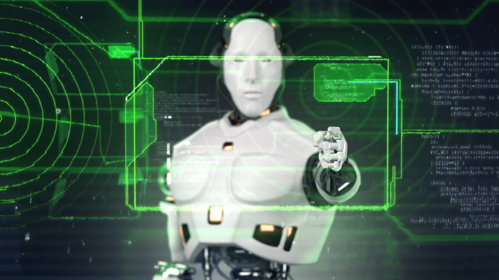 a robot is standing in front of a green background