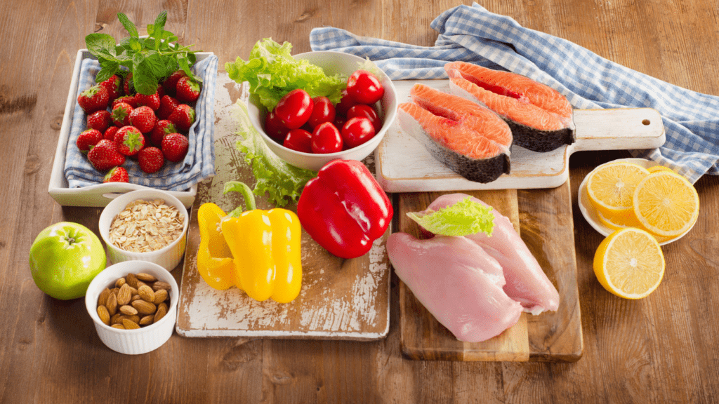 three plates with different types of fruits and vegetables