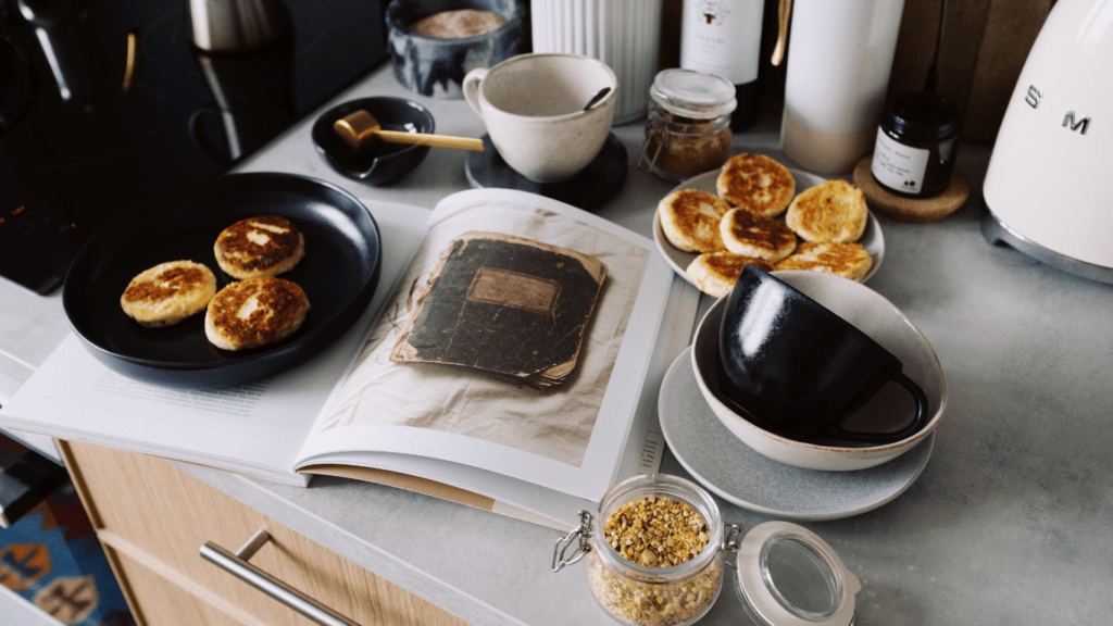 various food items are arranged on a countertop