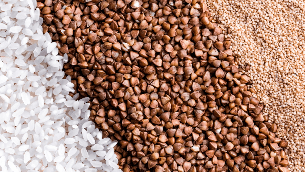 various types of grains and seeds in bowls